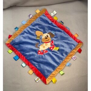 Taggies Puppy Dog‎ Baby Lovey Security Blanket Blue Red Tan Sensory Ribbon 13.5
